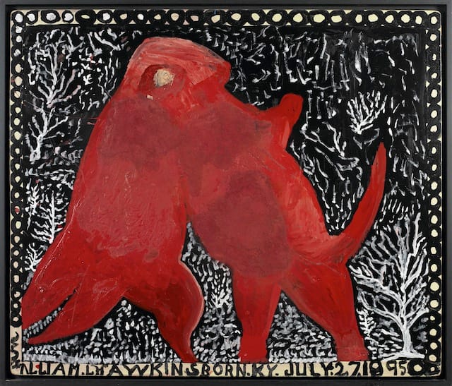William Hawkins, "Two Dinosaurs Wrestling" (1989), Enamel and collage on Masonite, 48 x 60 in; 121.9 x 152.4 cm (All images courtesy Ricco/Maresca Gallery, New York)