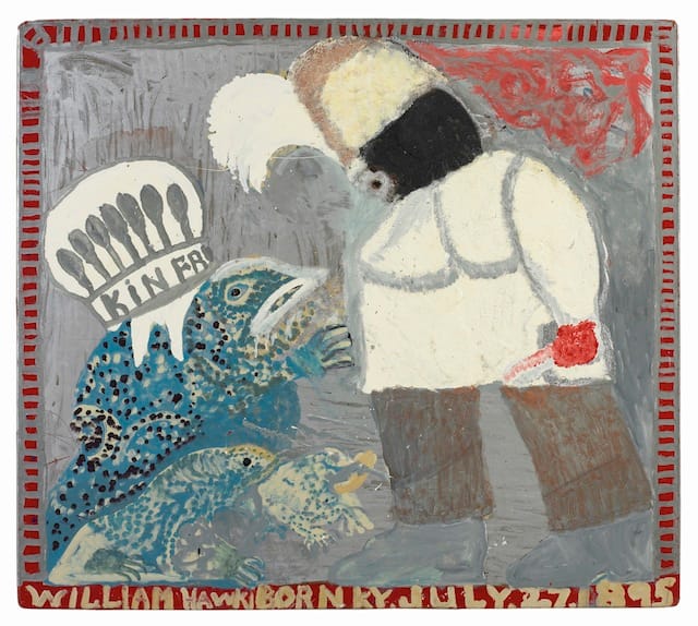 William Hawkins, "Magical Toad," (Kin Frog) (1987), Enamel on Masonite, 43 x 48 in; 109.2 x 121.9 cm