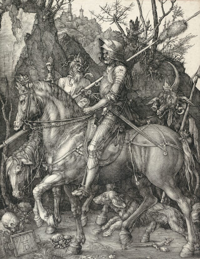 Albrecht Dürer, “Knight, Death and Devil” (1513). Engraving, overall: 9 5/8 x 7 3/8 inches. Albertina, Vienna (image courtesy the National Gallery of Art, Washington, DC)