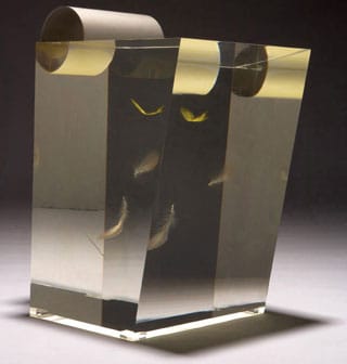 Lot 292 Shiro Kuramata Feather stool Designed 1990 Dyed feathers encased in acrylic, aluminum From the edition of 40 Ishimaru Company Ltd., Tokyo 21.25" x 13" x 16.25" The model was conceived for Spiral, a gallery and shopping complex in Tokyo Literature: Aikawa, Michiko. Shiro Kuramata. Exhibition Catalogue. Tokyo: Hara Museum of Contemporary Art, 1996. p 196. Estimate: $30,000 - $50,000