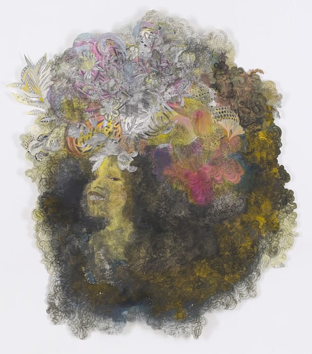 Firelei Baez, CPT Symmetry Echoing Marie Laveau manipulations of the elusive mirror imagery of matter, 2012, gouche, ink and graphite on paper (all images by the author for Hyperallergic)