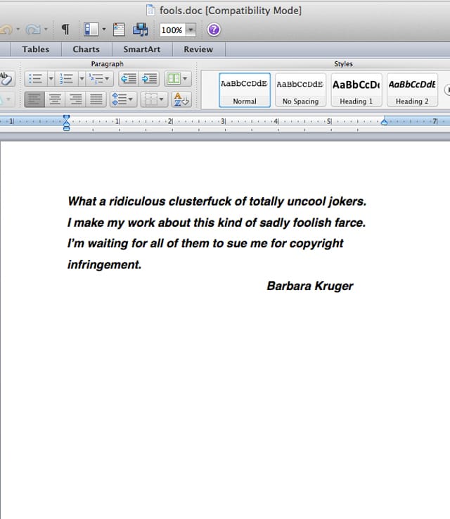 Barbara Kruger's response to Complex (via Complex.com)