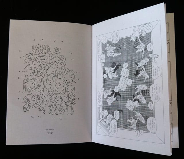 An encrypted drawing on left, and an overhead comic on the right