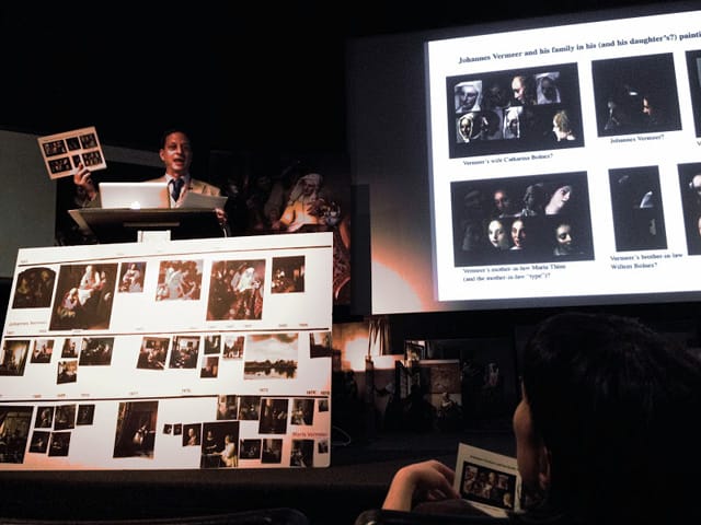 Benjamin Binstock opens the Vermeer's Daughter symposium at NYU's Cantor Film Center on May 18th (all images by the author for Hyperallergic)