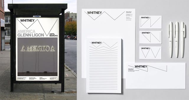 A conceptual sketch by Experimental Jetset for the Whitney logo on a bus shelter poster, and their branding guidelines on various Whitney objects. (images via experimentaljetset.nl)