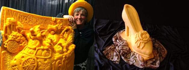 Left: the Cheese Lady with her Wisconsin roller coaster; right: a 40-pound high-heeled shoe that she carved from cheese