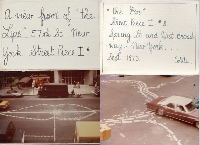 Colette, “A View of the Lips, Street Piece I,” (circa 1973) and “The Ear, Street Piece I #8″ (1973), from Postcards From the Story of my Life (Via gallery.98bowery.com)