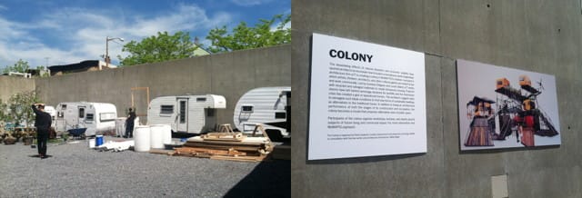 Left: the raw materials of the "Expo 1" colony; right: explanatory text and a rendering of what it will look like. (all photos by the author for Hyperallergic)