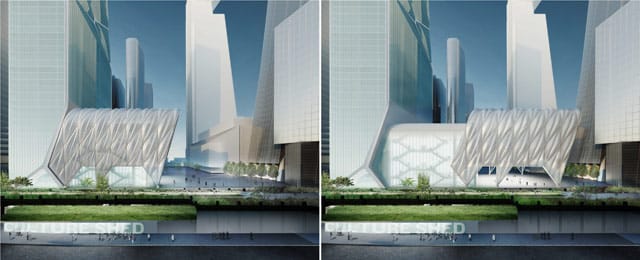 Views of the Culture Shed’s canopy nested, on left, and deployed, right