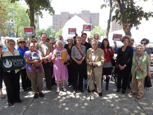 Area residents, members of environmental groups, and Damrosch family members gathered on May 21, the 44th anniversary of the Damrosch Park's opening, to announce the filing of a lawsuit. (all photos by Geoffrey Croft/NYC Park Advocates)
