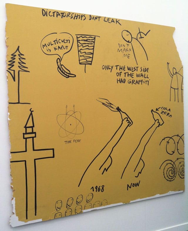 A piece by Dan Perjovschi at Galerija Gregor Podnar (photo by the author for Hyperallergic)