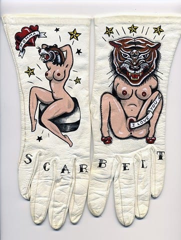 Ellen Greene, "Scar Belt Momma," 2010. Acrylic and ink on vintage gloves, wood and steel frame, 10.5"x13"