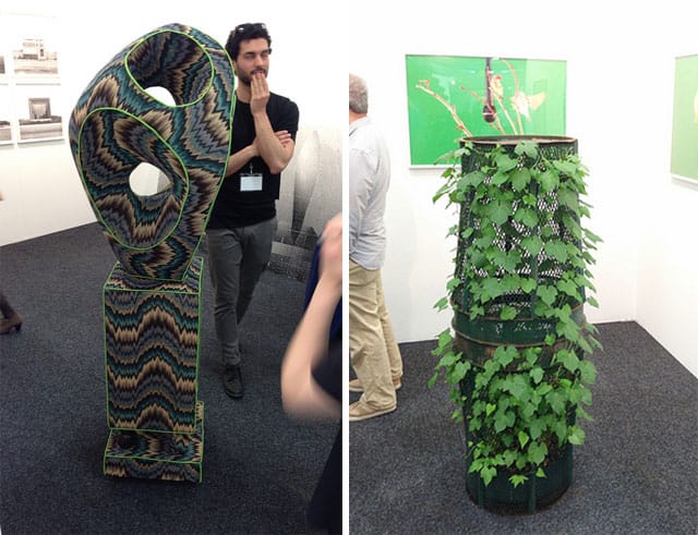 Left, A sculpture by Oliver Michaels at COLE gallery, and right, Martin Roth, "Untitled (Trash can Sculpture)" (2013) at Louis B James gallery.