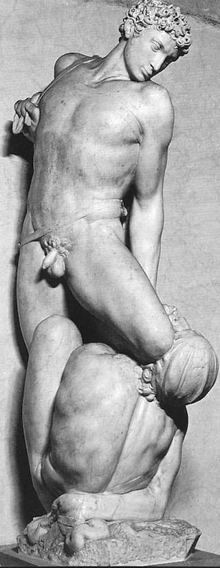 Vincenzo Danti, "Honour Triumphant over Falsehood" (front view) (1561). Marble, height: 187 cm. Museo Nazionale del Bargello, Florence. (Image via Web Gallery of Art)