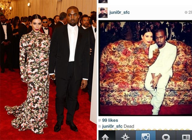 Left, Kim Kardashian and Kanye West at the Met's Punk ball, (via thedrop.fm) and right, some online riffs on Kardashian's couch-invoking dress. (via )