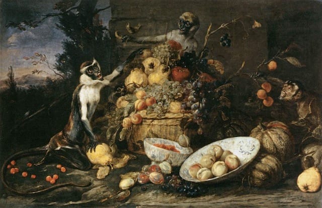 Frans Snyders, "Three Monkeys Stealing Fruit" (1640s). Oil on canvas, 98 x 147 cm. Musée du Louvre, Paris. (Image via Web Gallery of Art) 