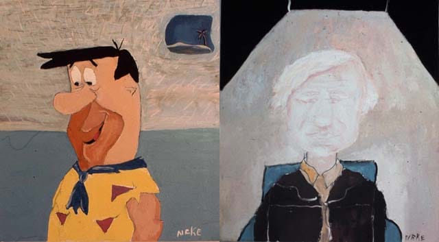 Neke Carson, Rectal Realist Portrait of Fred Flintstone (1973) and Rectal Realist Portrait of Andy Warhol (1973), acrylic on canvas (via gallery.98bowery.com)