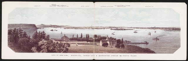 City of New-York, Brooklyn, Jersey City & Quarantine Station on Staten Island Date Created/Published: [between 1900 and 1920] Medium: 1 print (postcard). Summary: Postcard shows the waterfront of New York City and New Jersey ca. 1850. Places identified include: Jersey City; Hoboken; Bedlow's Island; Ellis Island; Hudson River; Robbins Reef Light House; New-York; Quarantine, Staten Island; East River or Long Island Sound; Governor's Island; Brooklyn.