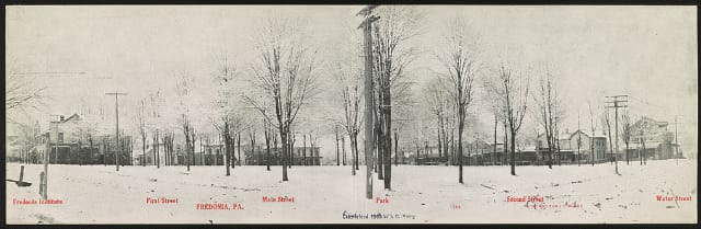 Fredonia, PA Creator(s): Moore, J. C., photographer Date Created/Published: J. C. Moore; c1908. Medium: 1 print (postcard) Summary: Postcard shows the snow covered streets of Fredonia, Pennsylvania.
