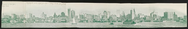 Panorama of New York river front Date Created/Published: 1900. Medium: 1 print (postcard) Summary: Postcard shows the skyline of New York with water traffic in the foreground.