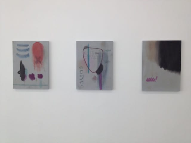 Amanda Ross-Ho. Untitled Painting (BLINK 182); Untitled Painting (CRADLE OF FILTH);Untitled Painting (HALLOWEEN NIGHT!). All paintings dated 2013; acrylic on dyed canvas 24h x 18w in (60.96h x 45.72w cm)