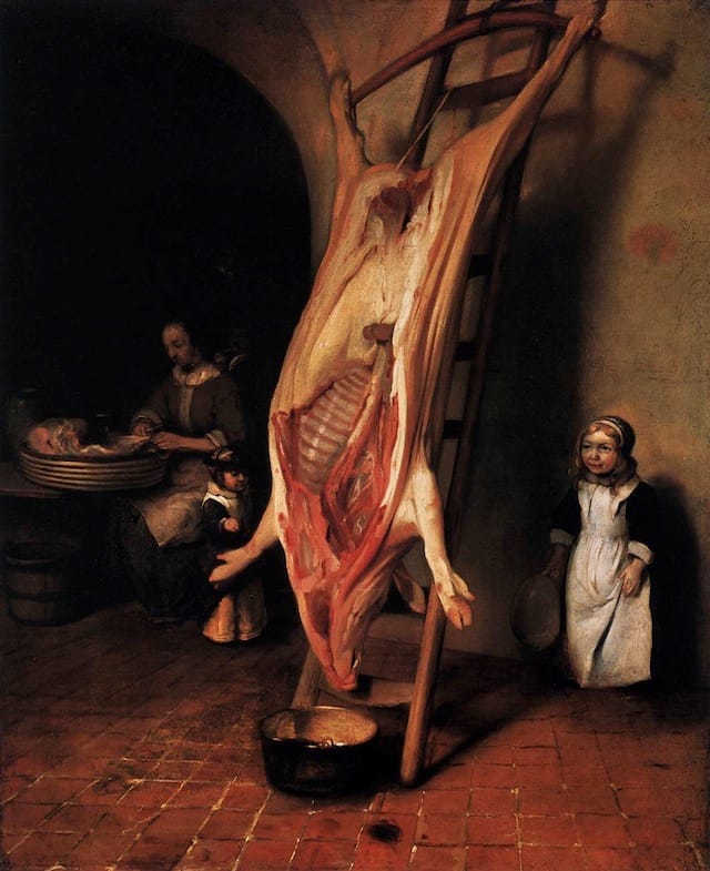Barent Fabritius, "The Slaughtered Pig" (1656), oil on canvas, 80 x 65 cm (click to enlarge) (Staatliche Museen, Berlin, image via Web Gallery of Art)