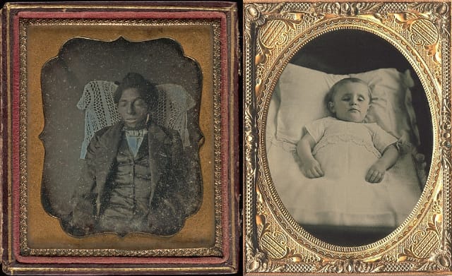 Daguerrotype of a man from 1855 (courtesy Yale Collection of American Literature, Beinecke Rare Book and Manuscript Library); Ambrotype of a young boy (1850) (via Wikimedia)