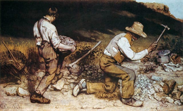 Gustave Courbet, "The Stonebreakers" (1849), oil on canvas, 165 x 257 cm (Gemäldegalerie, Dresden [destroyed]) (image via Web Gallery of Art)