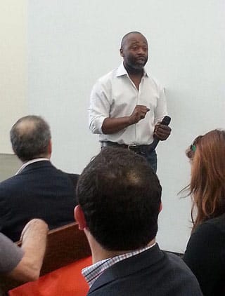 Theaster Gates speaking at the exhibition preview (click to enlarge)