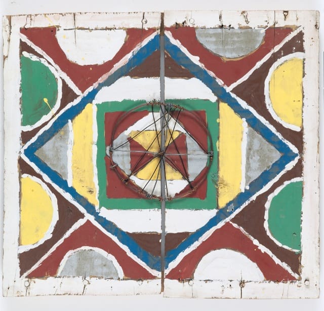 Emery Blagdon, "The Healing Machine" (untitled individual component), (c. 1955–1986), oil paint on wood, 8 1/2 x 12 1/2 x 1/4 in. John Michael Kohler Arts Center Collection.