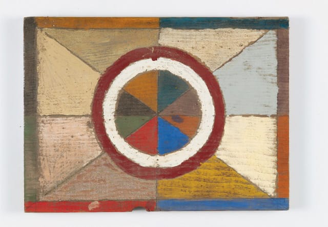Emery Blagdon, "The Healing Machine" (untitled individual component) (c. 1955–1986), oil paint on wood, 9 1/2 x 13 3/4 in. John Michael Kohler Arts Center Collection.