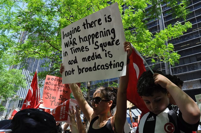 A sign at the #OccupyGezi solidarity protest in lower Manhattan's Zuccotti Park on Saturday, June 1. (photo by the author for Hyperallergic)
