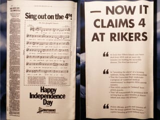Rare Cancer Seen in 41 Homosexuals” from the New York Times, July 3, 1981, and Chris Oliver, “Now It Claims 4 at Rikers,” New York Post, June 1, 1983 (click to enlarge)