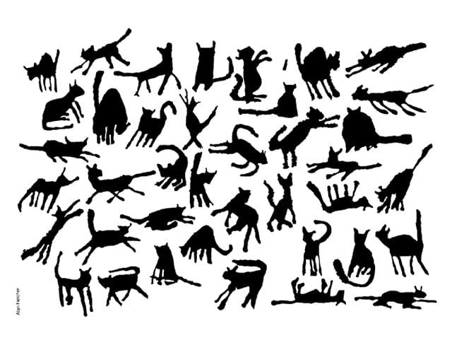 "Postcard: Cats" (1994), a personal project drawn with the blunt end of a wooden dip pen