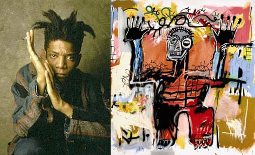 Left: Jean-Michel Basquiat; right: Basquiat's "Untitled" (1981), acrylic, oilstick and spray paint on canvas (both images via Wikipedia)