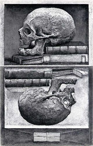 Érik Desmazières, “The Skull of Sir Thomas Browne” (2010), etching, aquatint, & roulette (click to enlarge) (via Warnock Fine Arts)