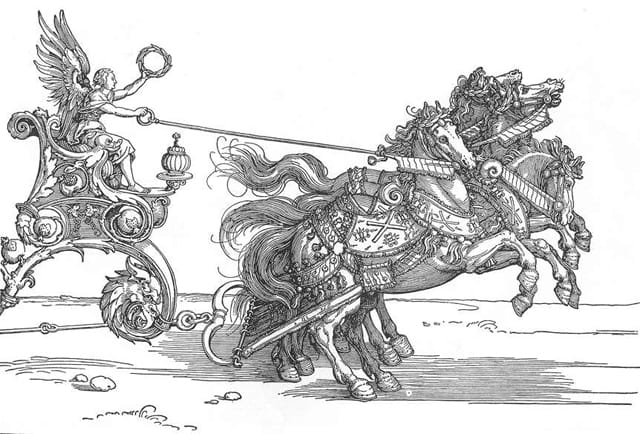 Albrecht Dürer, "The Small Triumphal Car or the Burgundian Marriage" (c. 1518), woodcut. British Museum, London. (Image via Web Gallery of Art) 