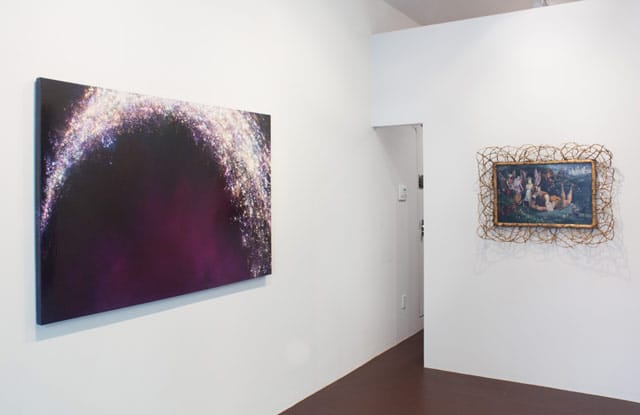 "Dan Colen: The spirits that I called" (2013), installation view, including "TBT (to be titled)" (2013), oil and pigment on canvas, 60 x 49 inches; and John Anster Fitzgerald, "Titania and Bottom: A Scene from a Midsummer-Night’s Dream" (ca. 1848–51), oil on canvas, 17 ½ x 27 inches (image courtesy Oko) 