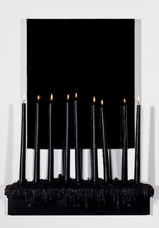 Vincent Como, "Paradise Lost 004" (2011–present), oil on linen, with wood, wax, and fire, 26.25 x 20 x 5.5 in (via minusspace.com)