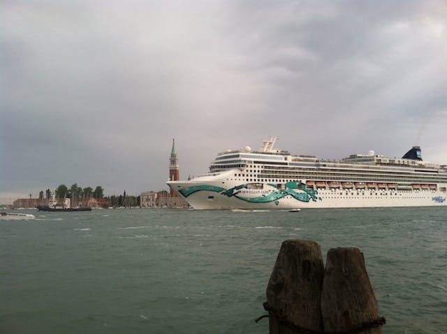 View of the Grand Canal, with cruise ship and tug boat