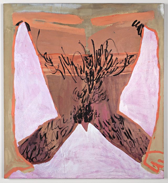 Sarah Faux, "Crawling Man" (2012). Oil and spray paint on canvas, 42 x 38 inches (all images courtesy of Garis & Hahn)