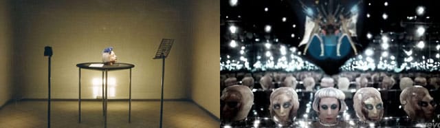 Left: Orlan, "Woman with Head" (1996), performance at ICA London (via orlan.eu); right: a screen shot from Lady Gaga's video for "Born This Way"