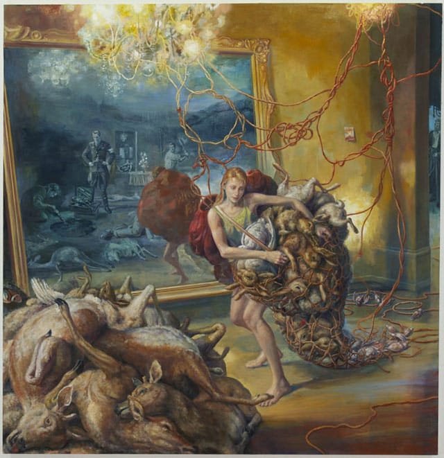 Julie Heffernan, "Self Portrait as Gatherer" (2013), oil on canvas, 68 x 66 in