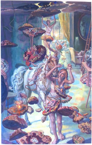 Julie Heffernan, "Self Portrait Running Amok" (2012), oil on canvas, 68 x 42 in (click to enlarge)