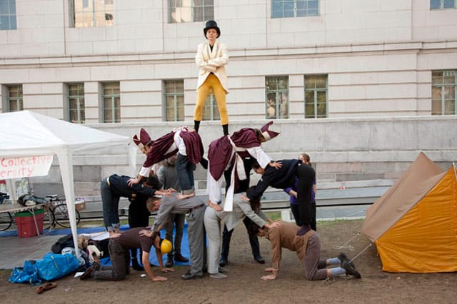 Part of the Hive at EFA Project Space: Robby Herbst, "Pyramid of Capitalist System" (2011), performance at LA City Hall during Occupation 10/11 (photo by Lisa Anne Auerbach, via efanyc.org)