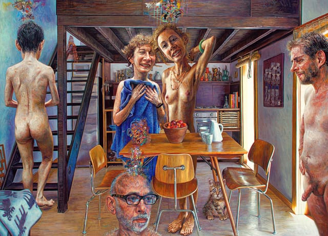 Mark Greenwold, "Human Happiness" (2008–2009), oil on linen mounted on panel, 25 x 34 1/2 inches (63.5 x 87.6 cm)