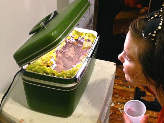 A viewer peers into Kathleen Vance's "Traveling Ladscape" (green case) (2011) on view at Bushwick Open Studios.