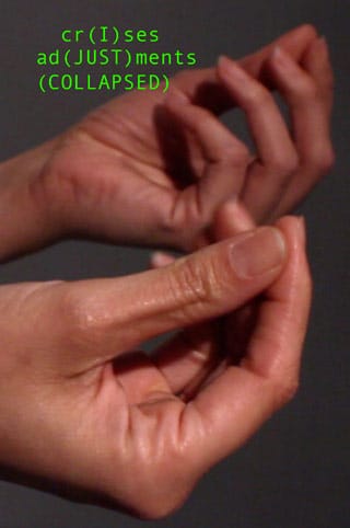 Christine Laquet, video still from performance film "To Gain your own voice, you have to forget having it heard" (2013), HD video, 18 min; and the cover of the book "CR(I)SES AD(JUST)MENTS (COLLAPSED)"