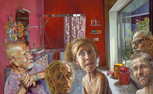 Mark Greenwold, "Men" (2009), oil on linen, 13 ¾ x 22 inches (35 x 55.9 cm)