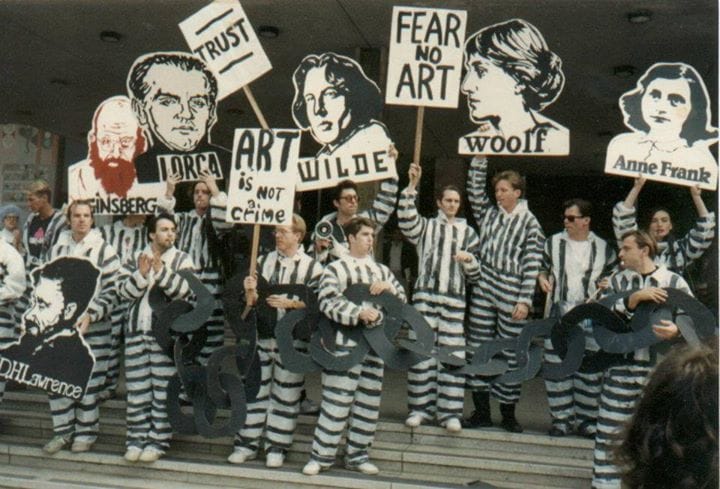 Tim Miller participating in the Art Criminal Chain Gang protest in 1990 (he's holding Oscar Wilde). (Source: Tim Miller)